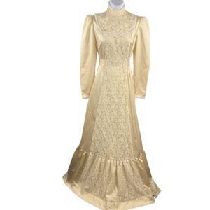 Vintage Cream Satin Lace Prairie Maxi Dress High Neck Long Sleeve Victorian -S/M